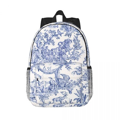 Modro-zlatý kvetinový batoh Toile De Jouy pre mužov a ženy, vodeodolná školská taška s botanickým vzorom a potlačou