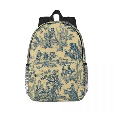 Modro-zlatý kvetinový batoh Toile De Jouy pre mužov a ženy, vodeodolná školská taška s botanickým vzorom a potlačou