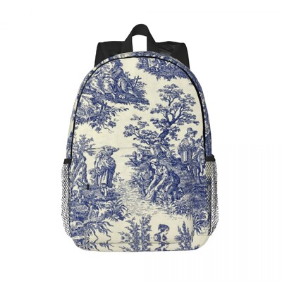 Modro-zlatý kvetinový batoh Toile De Jouy pre mužov a ženy, vodeodolná školská taška s botanickým vzorom a potlačou