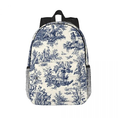 Modro-zlatý kvetinový batoh Toile De Jouy pre mužov a ženy, vodeodolná školská taška s botanickým vzorom a potlačou