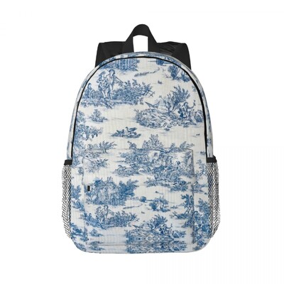 Modro-zlatý kvetinový batoh Toile De Jouy pre mužov a ženy, vodeodolná školská taška s botanickým vzorom a potlačou