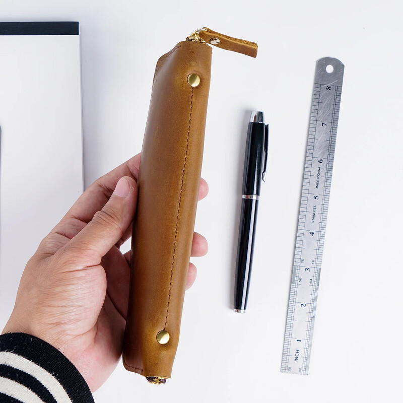 Prava kožna pernica s patentnim zatvaračem Vintage retro torbica za olovke Školska torba za pisma od kravlje kože s 4 utora za olovke na veliko
