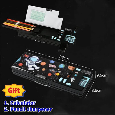 Radoša daudzfunkcionāla plastmasas kancelejas piederumu kastīte sākumskolas skolēniem Divpusējs magnētisko zīmuļu kalkulatora asināmais