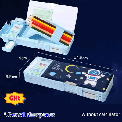 Radoša daudzfunkcionāla plastmasas kancelejas piederumu kastīte sākumskolas skolēniem Divpusējs magnētisko zīmuļu kalkulatora asināmais