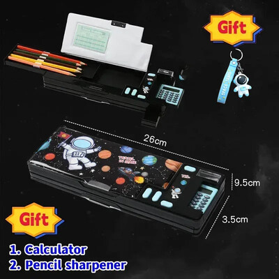 Radoša daudzfunkcionāla plastmasas kancelejas piederumu kastīte sākumskolas skolēniem Divpusējs magnētisko zīmuļu kalkulatora asināmais