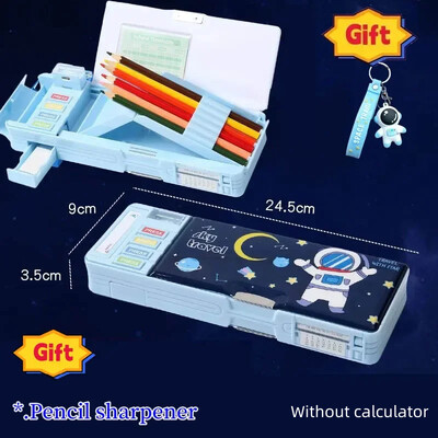 Radoša daudzfunkcionāla plastmasas kancelejas piederumu kastīte sākumskolas skolēniem Divpusējs magnētisko zīmuļu kalkulatora asināmais