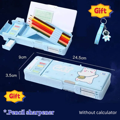Radoša daudzfunkcionāla plastmasas kancelejas piederumu kastīte sākumskolas skolēniem Divpusējs magnētisko zīmuļu kalkulatora asināmais