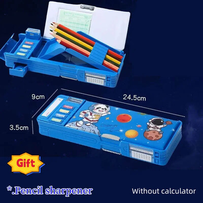 Radoša daudzfunkcionāla plastmasas kancelejas piederumu kastīte sākumskolas skolēniem Divpusējs magnētisko zīmuļu kalkulatora asināmais
