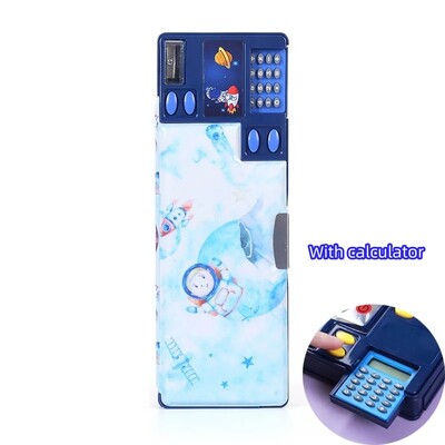 Radoša daudzfunkcionāla plastmasas kancelejas piederumu kastīte sākumskolas skolēniem Divpusējs magnētisko zīmuļu kalkulatora asināmais