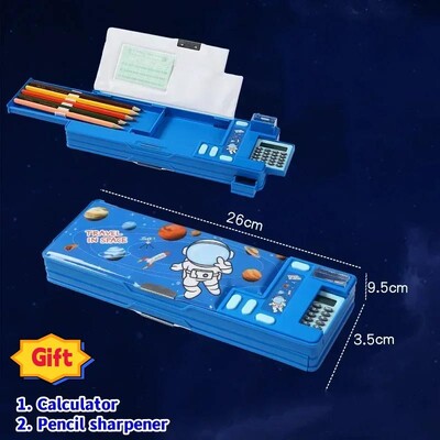 Radoša daudzfunkcionāla plastmasas kancelejas piederumu kastīte sākumskolas skolēniem Divpusējs magnētisko zīmuļu kalkulatora asināmais