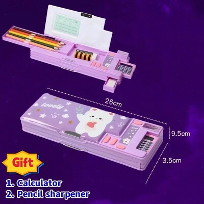 Radoša daudzfunkcionāla plastmasas kancelejas piederumu kastīte sākumskolas skolēniem Divpusējs magnētisko zīmuļu kalkulatora asināmais