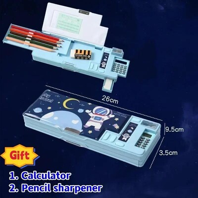 Radoša daudzfunkcionāla plastmasas kancelejas piederumu kastīte sākumskolas skolēniem Divpusējs magnētisko zīmuļu kalkulatora asināmais