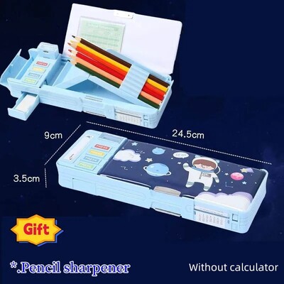 Radoša daudzfunkcionāla plastmasas kancelejas piederumu kastīte sākumskolas skolēniem Divpusējs magnētisko zīmuļu kalkulatora asināmais