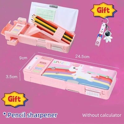 Radoša daudzfunkcionāla plastmasas kancelejas piederumu kastīte sākumskolas skolēniem Divpusējs magnētisko zīmuļu kalkulatora asināmais