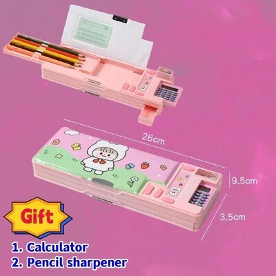 Radoša daudzfunkcionāla plastmasas kancelejas piederumu kastīte sākumskolas skolēniem Divpusējs magnētisko zīmuļu kalkulatora asināmais