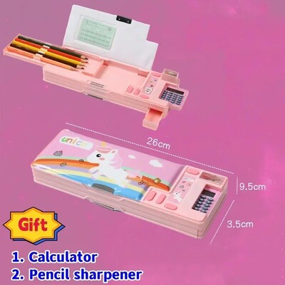 Radoša daudzfunkcionāla plastmasas kancelejas piederumu kastīte sākumskolas skolēniem Divpusējs magnētisko zīmuļu kalkulatora asināmais