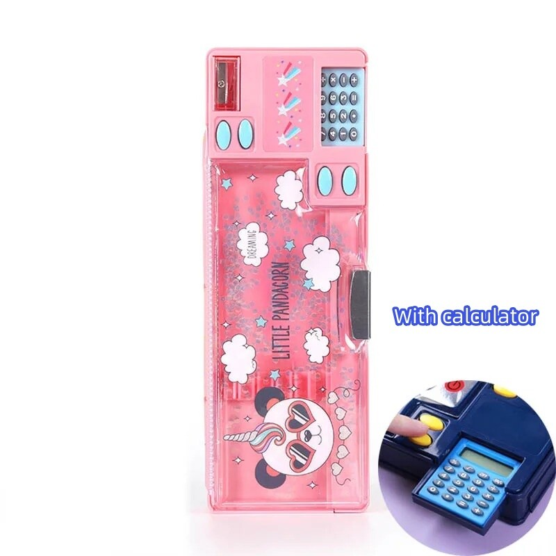 Radoša daudzfunkcionāla plastmasas kancelejas piederumu kastīte sākumskolas skolēniem Divpusējs magnētisko zīmuļu kalkulatora asināmais