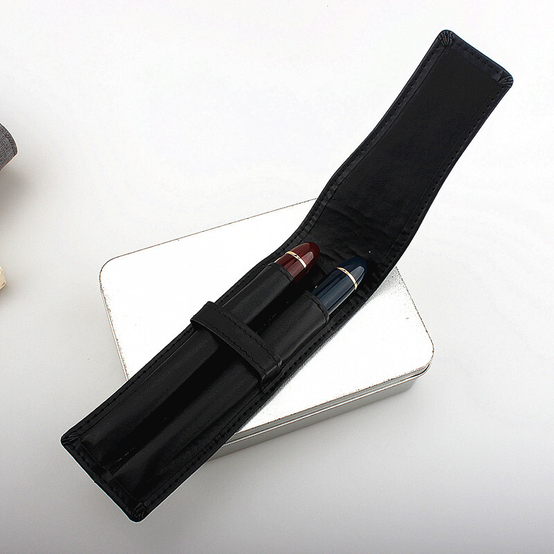 Качествен калъф за писалка от PU кожа, калъф за молив / чанта за 2 химикалки - черен държач за химикал / калъф за офис бизнес подарък