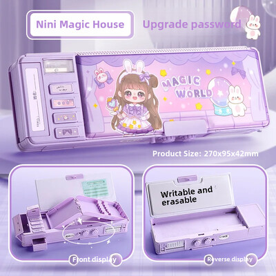 Multifunktsionaalne meeste kirjatarvete kast Naiste paroolilukuga pliiatsiümbris kahekihilise mahutavusega plastikust pliiatsikarp