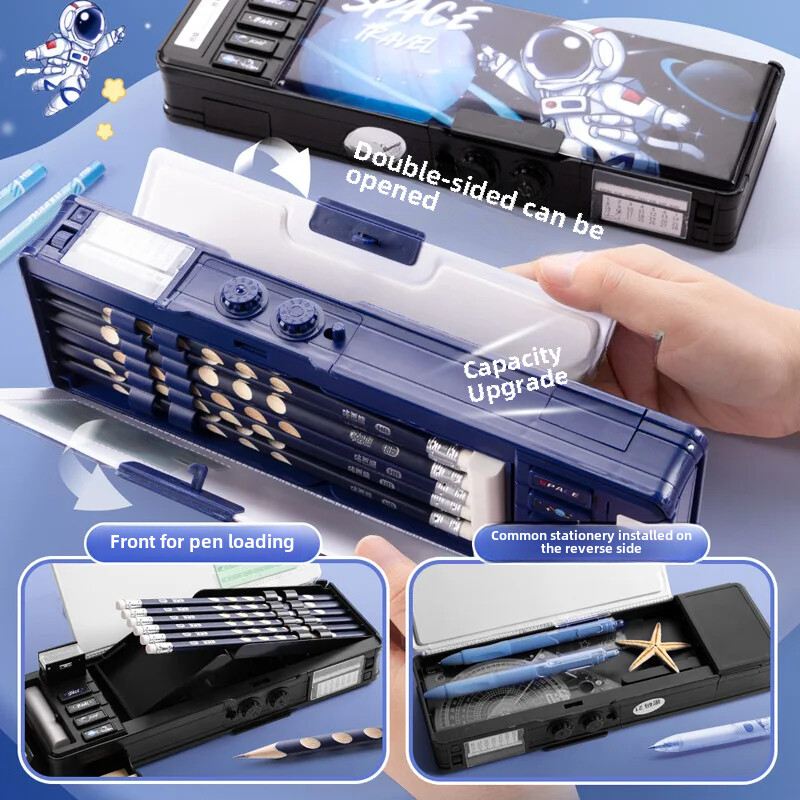 Multifunktsionaalne meeste kirjatarvete kast Naiste paroolilukuga pliiatsiümbris kahekihilise mahutavusega plastikust pliiatsikarp