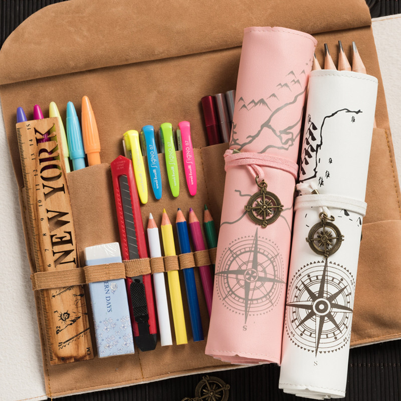 Jauni retro rullīšu zīmuļu futrāļi Ādas zīmuļu kastīte Uzglabāšanas zīmuļu soma Pencils Estuches Escolares skolas piederumu pildspalvu dāvanu kastīte