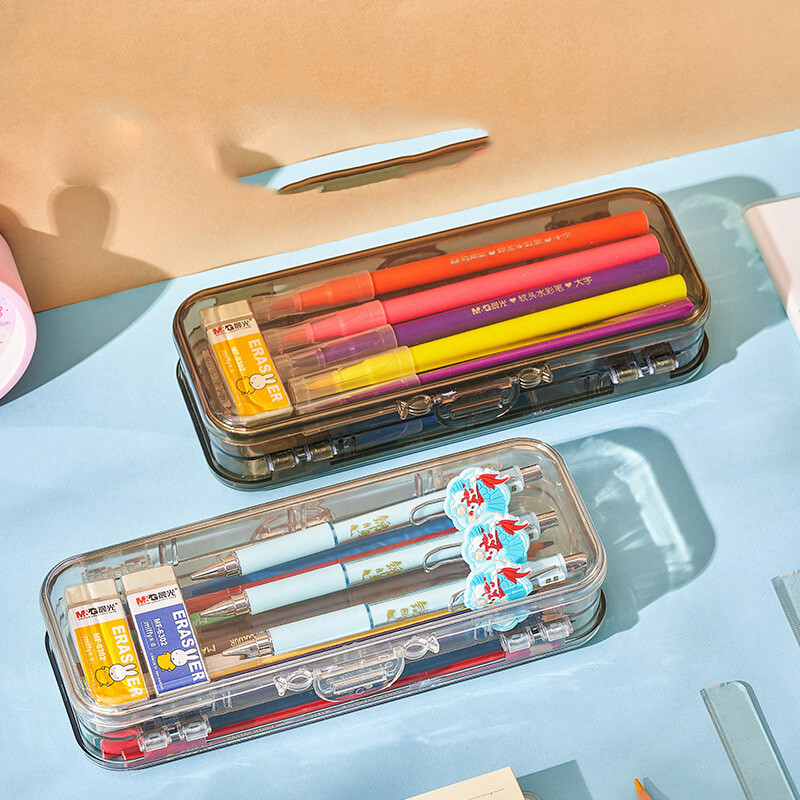 Lihtne läbipaistev pliiatsikarp Plastikust kahekordse uksega kahekordse avatud pliiatsikarbi hoiukarp Kirjatarvete estuches Kontoritarbed 19186