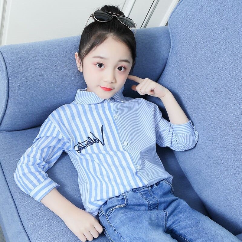 Tüdrukute pikkade varrukatega särgid Kevad- ja sügisstiilid 4-13-aastased tüdrukute särgid, keskmised ja suured laste triibulised särgid