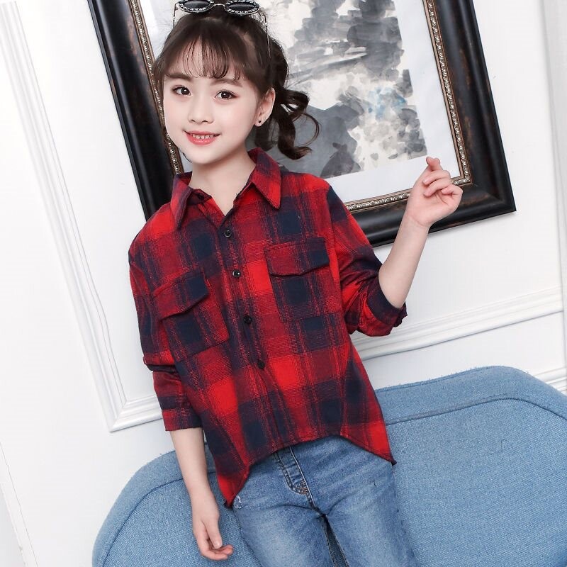 Tüdrukute pikkade varrukatega särgid Kevad- ja sügisstiilid 4-13-aastased tüdrukute särgid, keskmised ja suured laste triibulised särgid