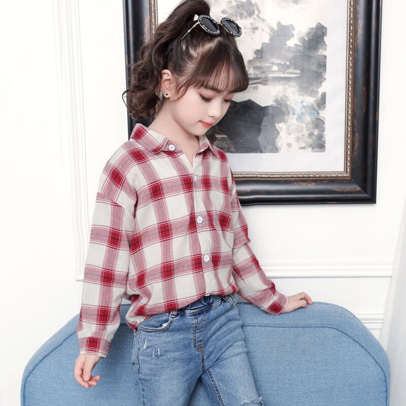 Tüdrukute pikkade varrukatega särgid Kevad- ja sügisstiilid 4-13-aastased tüdrukute särgid, keskmised ja suured laste triibulised särgid