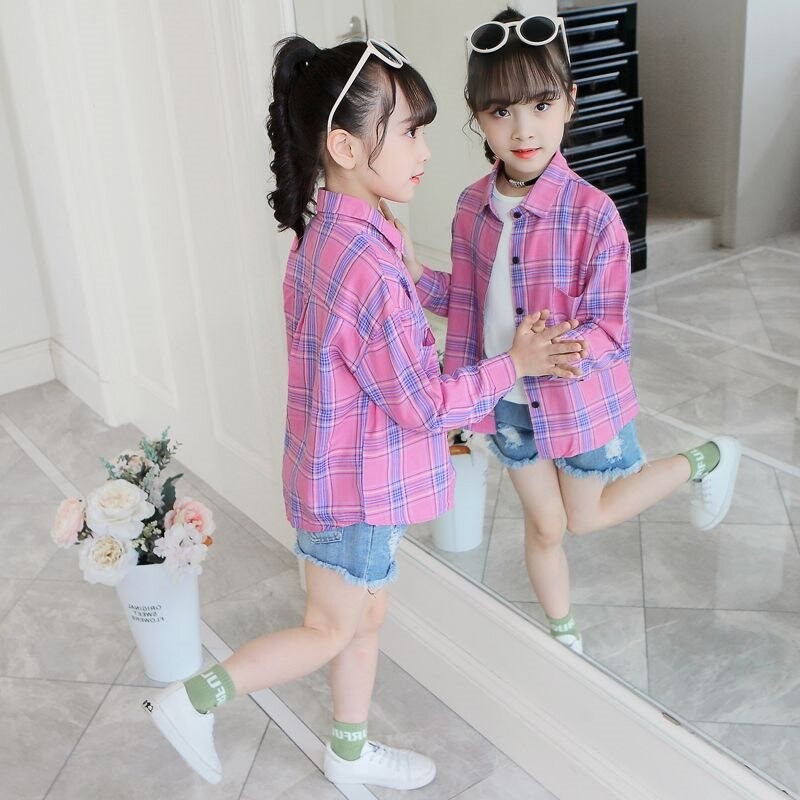 Tüdrukute pikkade varrukatega särgid Kevad- ja sügisstiilid 4-13-aastased tüdrukute särgid, keskmised ja suured laste triibulised särgid