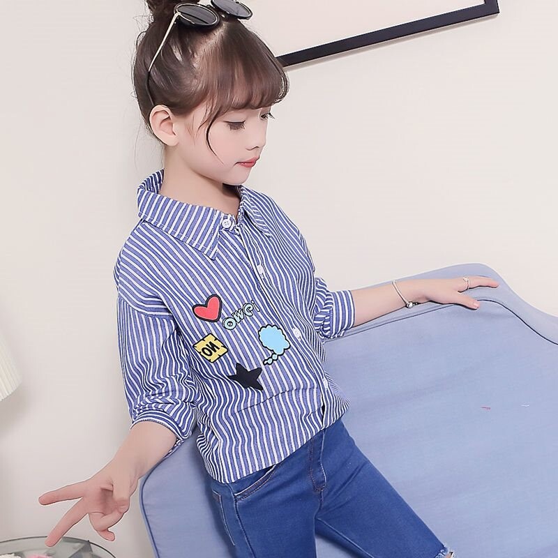 Tüdrukute pikkade varrukatega särgid Kevad- ja sügisstiilid 4-13-aastased tüdrukute särgid, keskmised ja suured laste triibulised särgid