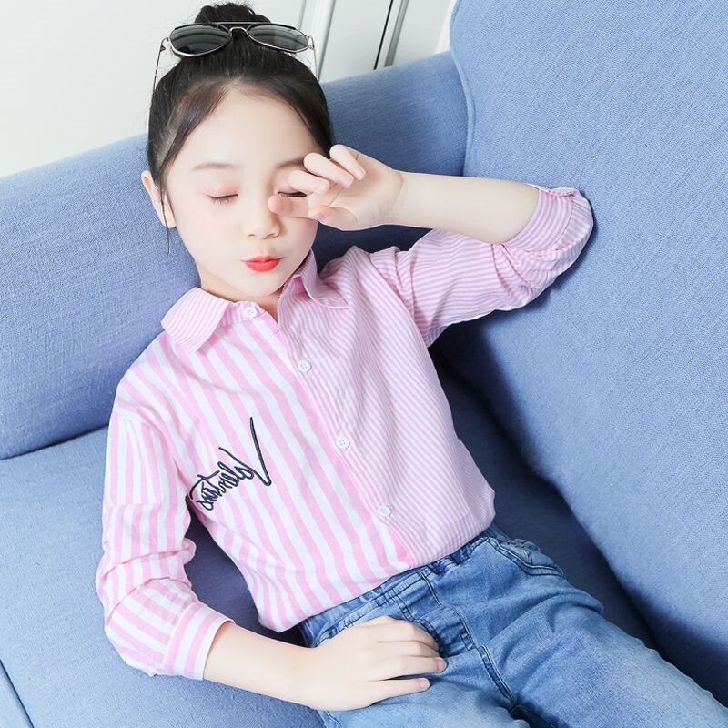 Tüdrukute pikkade varrukatega särgid Kevad- ja sügisstiilid 4-13-aastased tüdrukute särgid, keskmised ja suured laste triibulised särgid