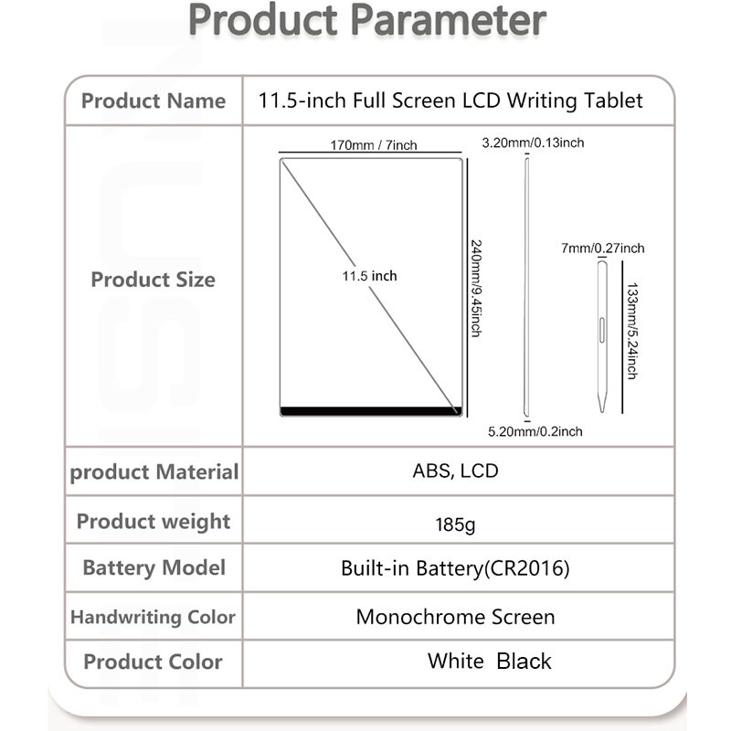 11,5/10,5-tolline LCD-joonistustahvel töötamiseks täisekraaniga ülipeen kahe-/ühepoolne käsitsi kirjutatava kristallmagnetiga tahvelarvuti alus