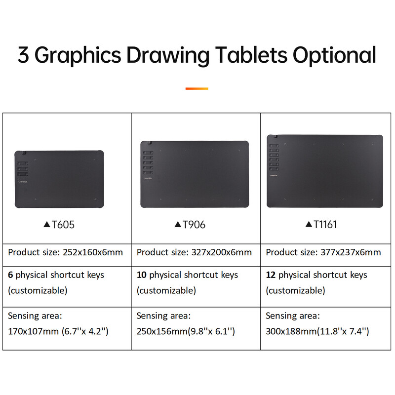 VINSA Graphics Drawing Tablet 330 Üliõhuke kunstiloomingu visand koos akuvaba pliiatsi 8 pliiatsi otsaga 8192 rõhutasemega