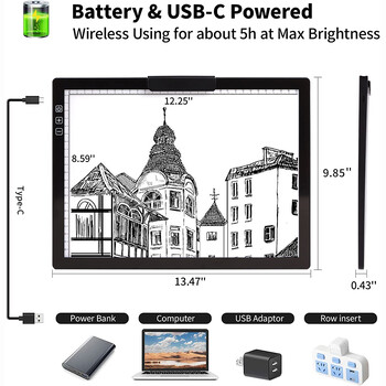 Акумулаторна светлинна подложка A4/A3 Безжична светеща кутия със захранване от батерии Светлинна подложка за очертаване на диамантена живопис, рентгеново скициране