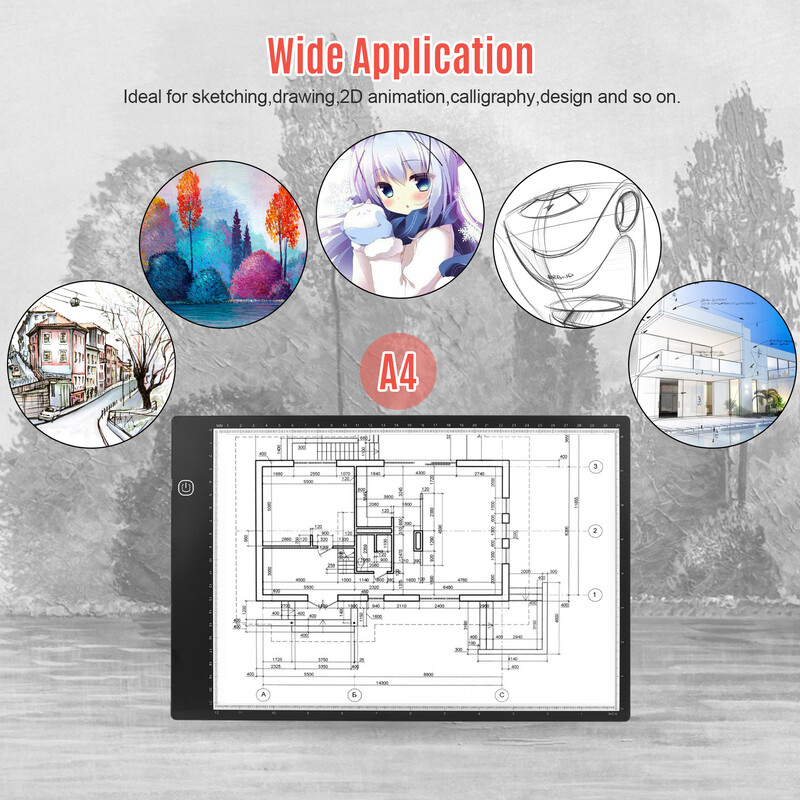 A4 koopiatahvel Üliõhuke LED-valguspadi Astmeta heledus Läbipaistev joonistustahvel USB-toitega Artist Type C jaoks