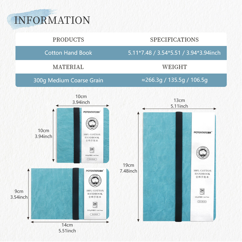 POTENTATE Син цветен акварелен дневник Книга за рисуване Ръчен бележник Скицник 100% памук 300 g/m2 Студена преса за арт консумативи