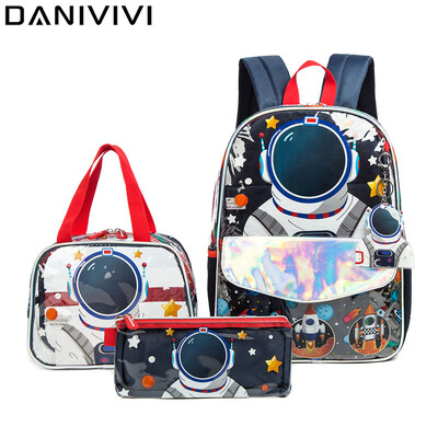 Geanți de școală cu model de astronaut astronaut transparent pentru băieți Rucsac Kawaii cu cutie de prânz Truc pentru creion Rucsac pentru copii mici