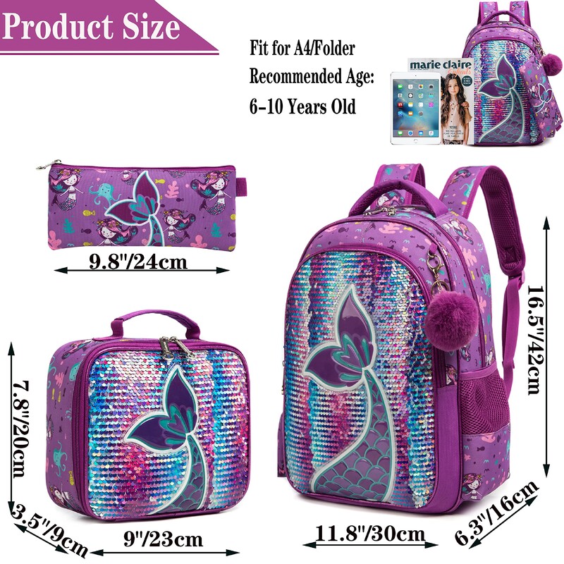 Seljakott tüdrukutele Gliter Sequin Seljakotid põhikooli kott koos söögikarbiga lasteaiaõpilastele