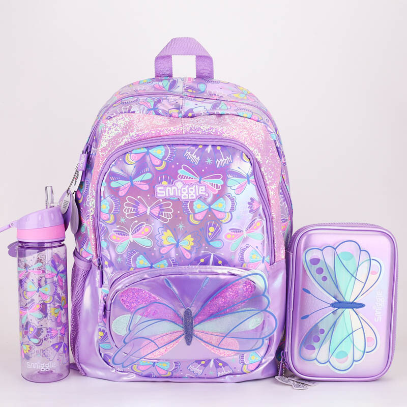 Smiggle Children School Supplies Butterfly Series School Bag Pencil Box Τσάντα μεσημεριανού κύπελλο νερού Anime Σακίδιο πλάτης για μαθητή