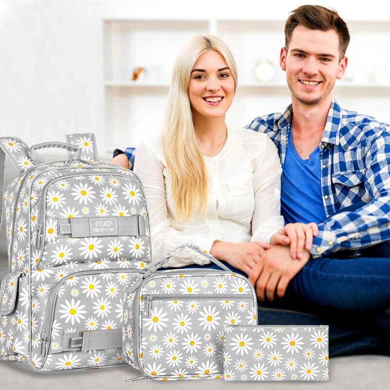 3 bucăți rucsac Daisy pentru fete, ghiozdan pentru școală pentru laptop de 17 inchi, pentru adolescenți, pentru colegiu, rezistente la apă, pentru copii, cu set cutie de prânz - gri