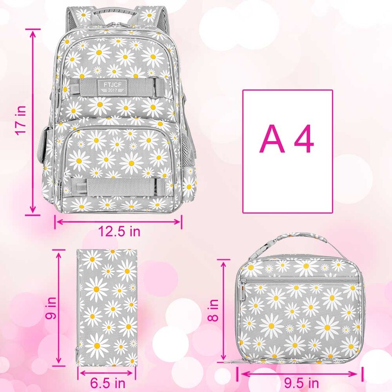 3 bucăți rucsac Daisy pentru fete, ghiozdan pentru școală pentru laptop de 17 inchi, pentru adolescenți, pentru colegiu, rezistente la apă, pentru copii, cu set cutie de prânz - gri