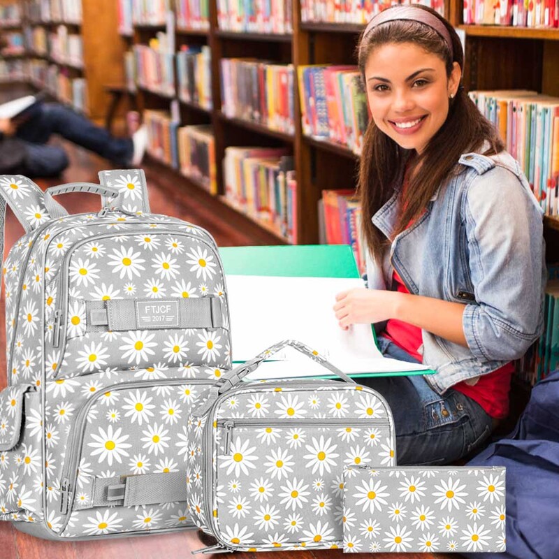 3 bucăți rucsac Daisy pentru fete, ghiozdan pentru școală pentru laptop de 17 inchi, pentru adolescenți, pentru colegiu, rezistente la apă, pentru copii, cu set cutie de prânz - gri