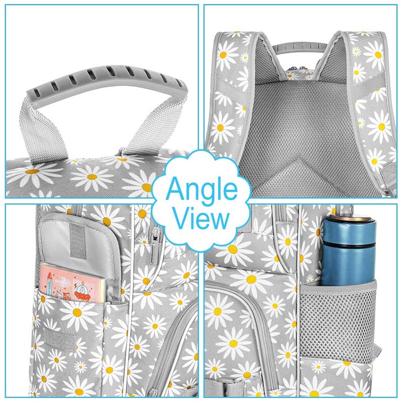 3 bucăți rucsac Daisy pentru fete, ghiozdan pentru școală pentru laptop de 17 inchi, pentru adolescenți, pentru colegiu, rezistente la apă, pentru copii, cu set cutie de prânz - gri