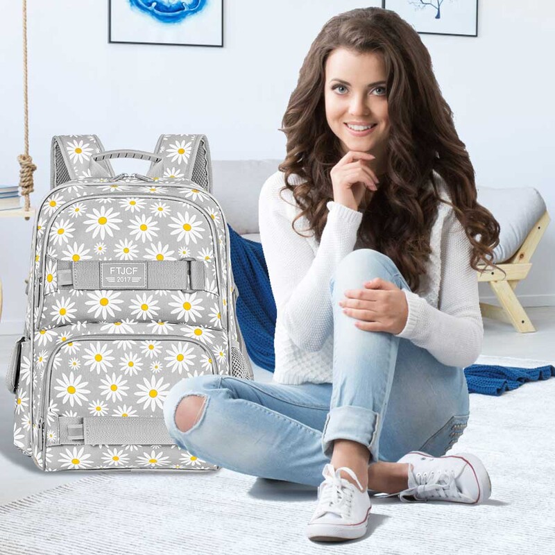 3 bucăți rucsac Daisy pentru fete, ghiozdan pentru școală pentru laptop de 17 inchi, pentru adolescenți, pentru colegiu, rezistente la apă, pentru copii, cu set cutie de prânz - gri