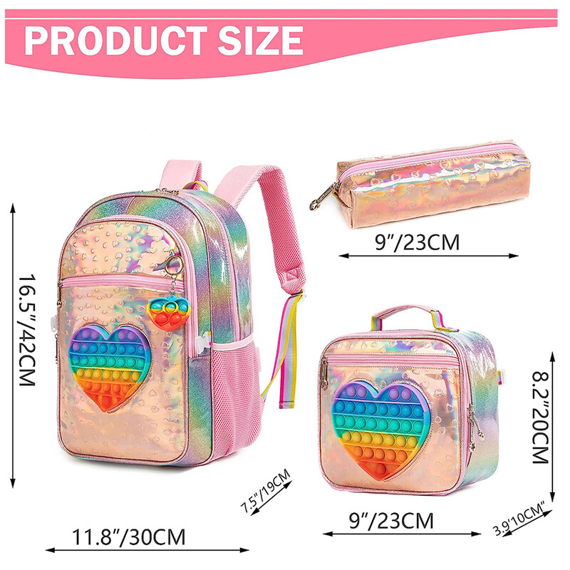 Mochile cu rucsac de școală pentru fete Cute Love pentru genți de școală elementară cu cutie de prânz Set de rucsac roz pentru fete 6-8 ani