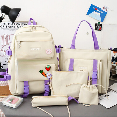 Rucsac din pânză nou 2023, versiune coreeană pentru femei, set de 5 piese de capacitate mare, pentru elevi de gimnaziu.