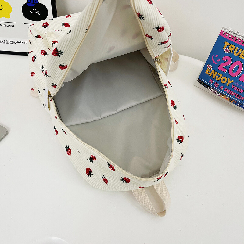2024 Strawberry Pattern Sweet College Ученическа чанта Corduroy Студентски раници Ежедневна раница с множество джобове Раница с голям капацитет