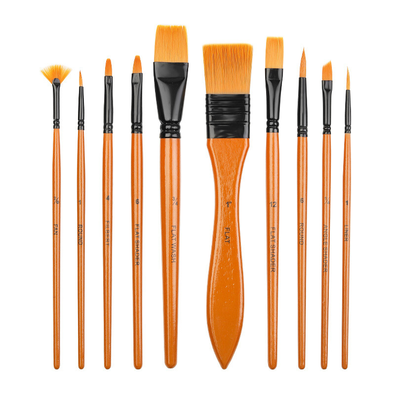 10 tk. Pintslite komplekt Professionaalne nailonist juuste akvarell õlimaali puidust käepidemega erineva kujuga komplekt kunstiüliõpilaste kunstnikule