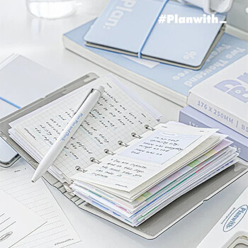 44 листа Мини бележник Ins Simplicity White Blue Journal 6 Ring Loose Leaf Scrapbook Journal Преносим джобен планер Ученик